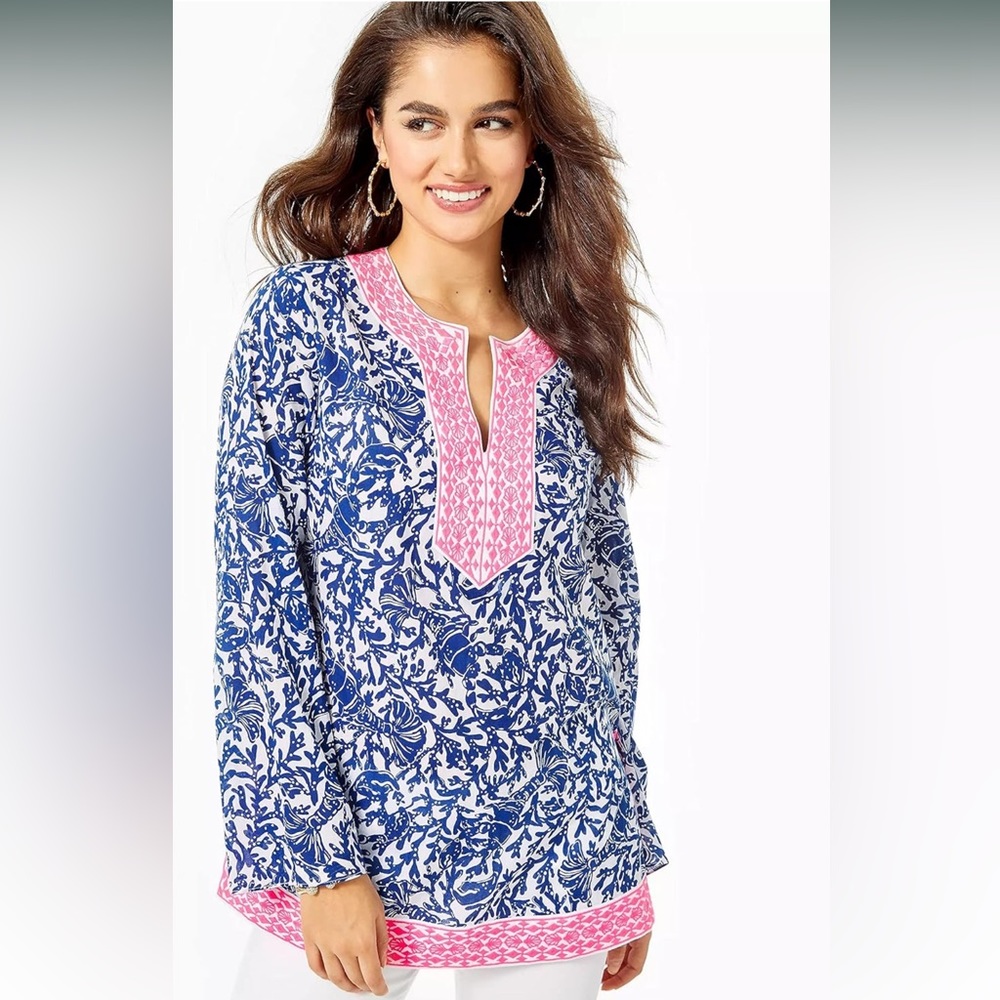 Lilly Pulitzer Ocean Cove Tunic Top Womens L Oyster Bay Blue Krillin It